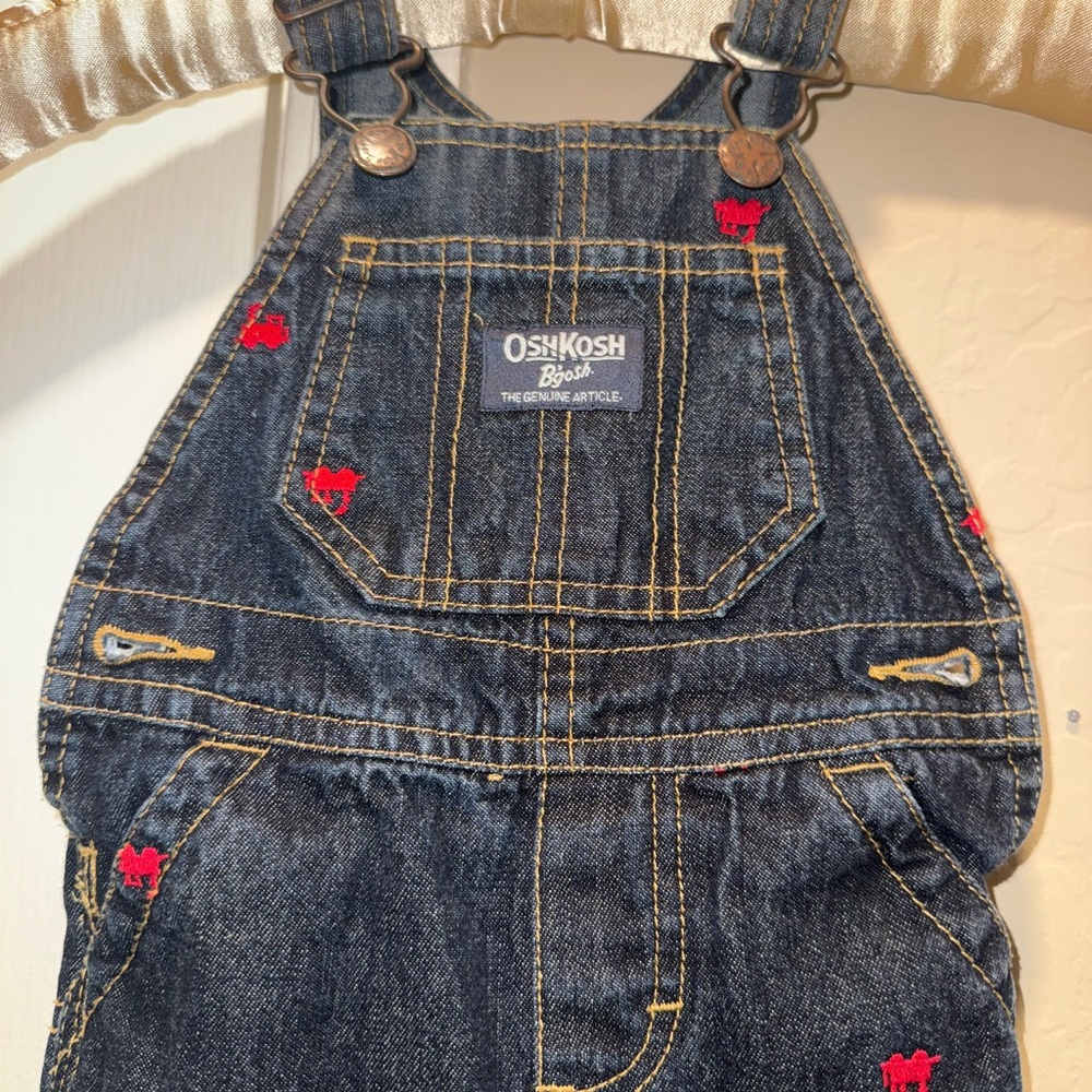 OshKosh B'gosh Kids Denim Overalls - Dark Blue with Red Trains - Picture 4 of 5